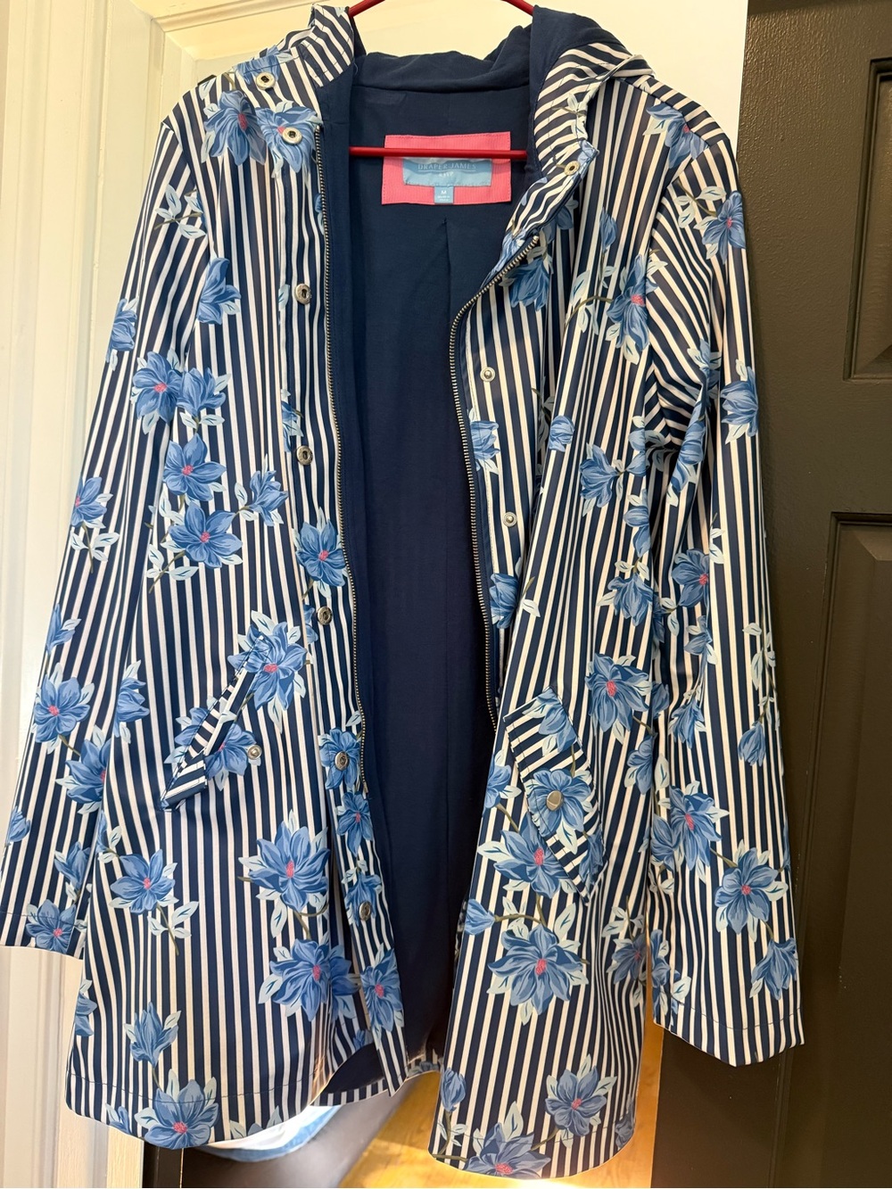 Draper James Hooded Rain Jacket Blue Floral Stripe Coat Size M - Picture 3 of 6